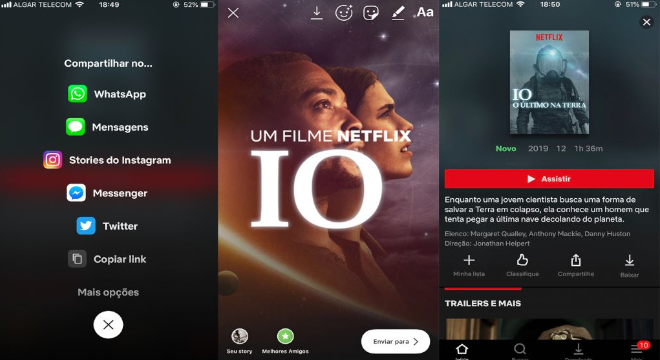 Ao atualizar o app da Netflix, a opção de Stories do Instagram irá aparecer no menu de compartilhamento (Crédito: Reprodução/Internet)