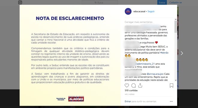 Seduc se manifesta sobre carta enviada pelo MEC (Crédito: Reprodução/Instagram)