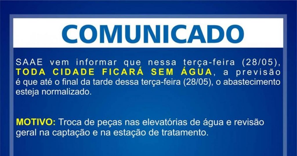 SAAE informa interrupção no abastecimento de água para manutenção em estação