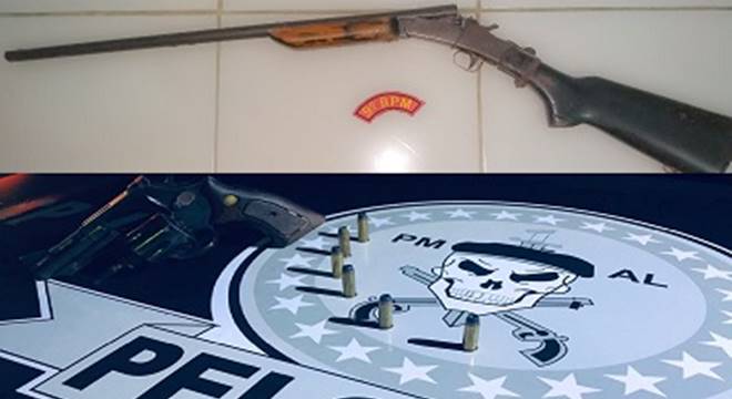 Armas de fogo apreendidas em Piranhas (em cima) e Santana do Mundaú — © PM/AL