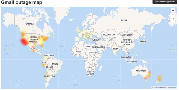 Gmail apresentando problemas em várias partes do mundo (Créditos: DownDetector)