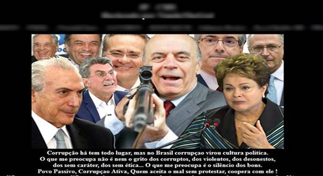 Foi colocada uma montagem de fotos de políticos e uma mensagem falando sobre corrupção — © Reprodução