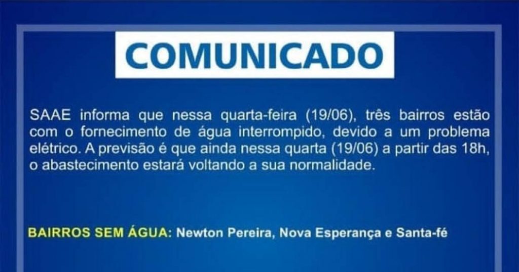 SAAE anuncia interrupção no abastecimento de água em três bairros de União