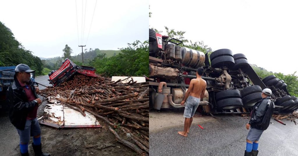 Vídeo: Carreta carregada com madeira tomba na AL-205 em Santana do Mundaú