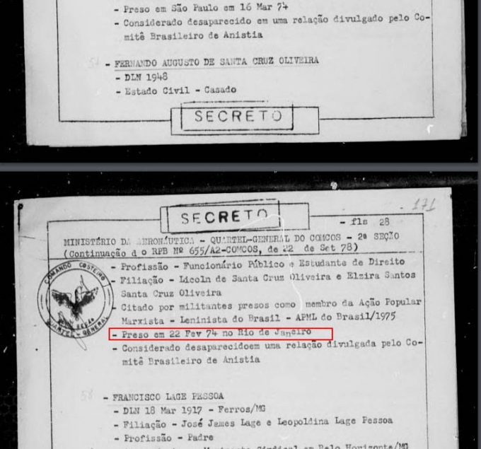 Documento produzido pelo Ministério da Aeronáutica sobre Fernando Santa Cruz — © Arquivo Nacional