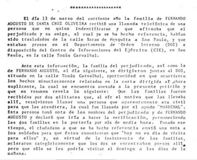 Trecho do relatório da Comissão Interamericana de Direitos Humanos sobre desaparecimento de Fernando Santa Cruz — © Arquivo Nacional