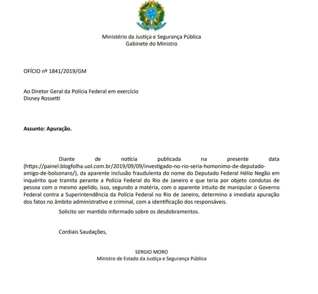 Nota oficial do ministro da Justiça Sérgio Moro — © O Antagonista 