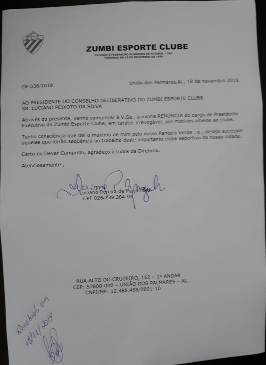 Carta de renúncia do presidente executivo Luciano Magalhães 