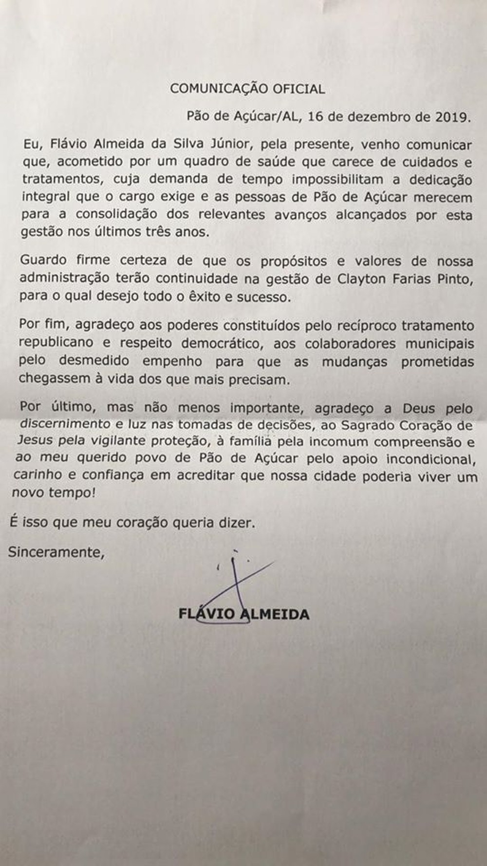 Carta enviada à Câmara de Vereadores de Pão de Açúcar, em Alagoas — © Ascom/Prefeitura de Pão de Açúcar