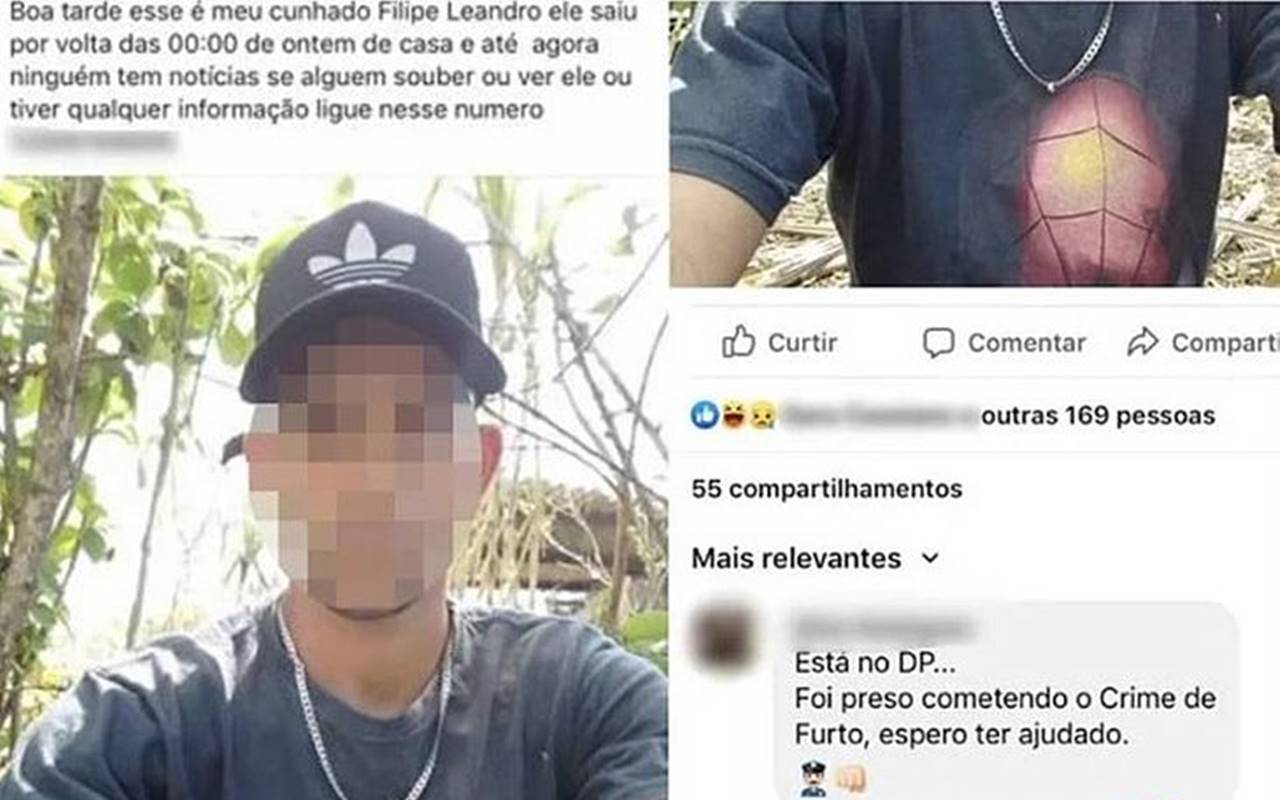 'Está preso por furto', comenta policial em postagem de desaparecido — Reprodução