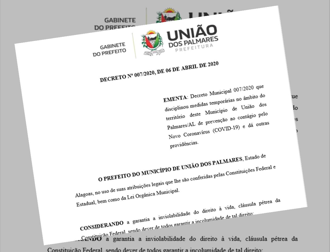 União dos Palmares: Novo decreto trás medidas mais severas contra o covid-19