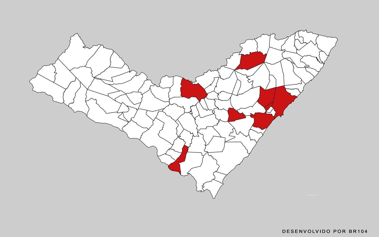 Mapa mostra em vermelho as cidades com casos confirmados do novo coronavírus em Alagoas - Arte BR104