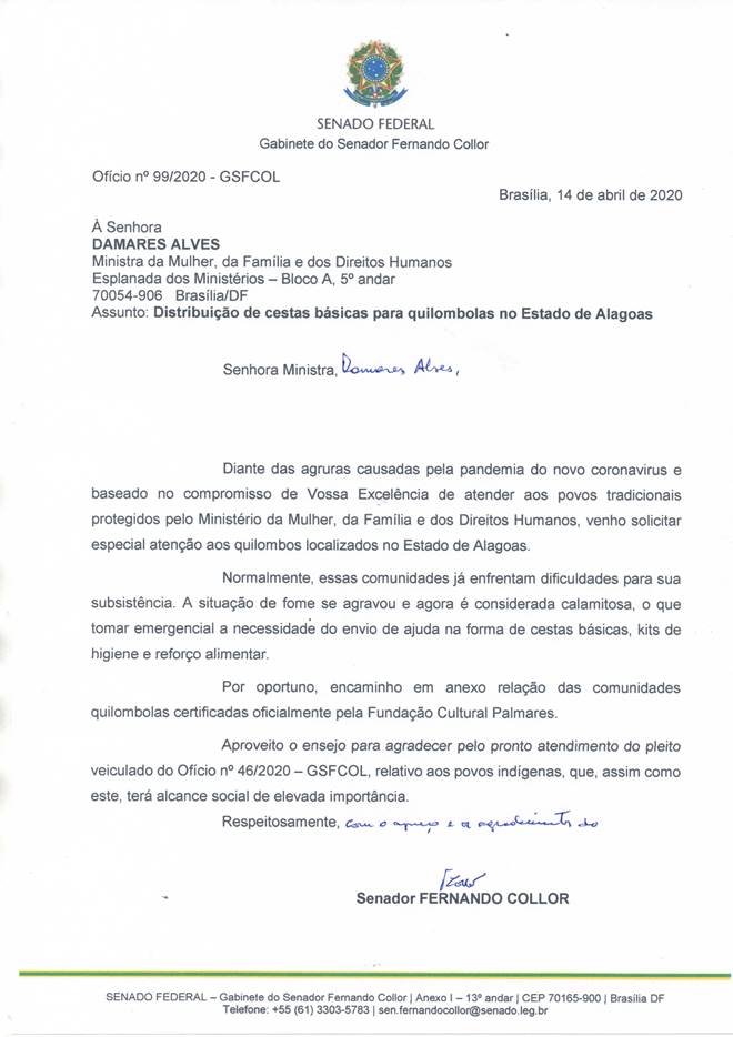 Ofício do senador Fernando Collor enviado ao Ministra Damares Alves
