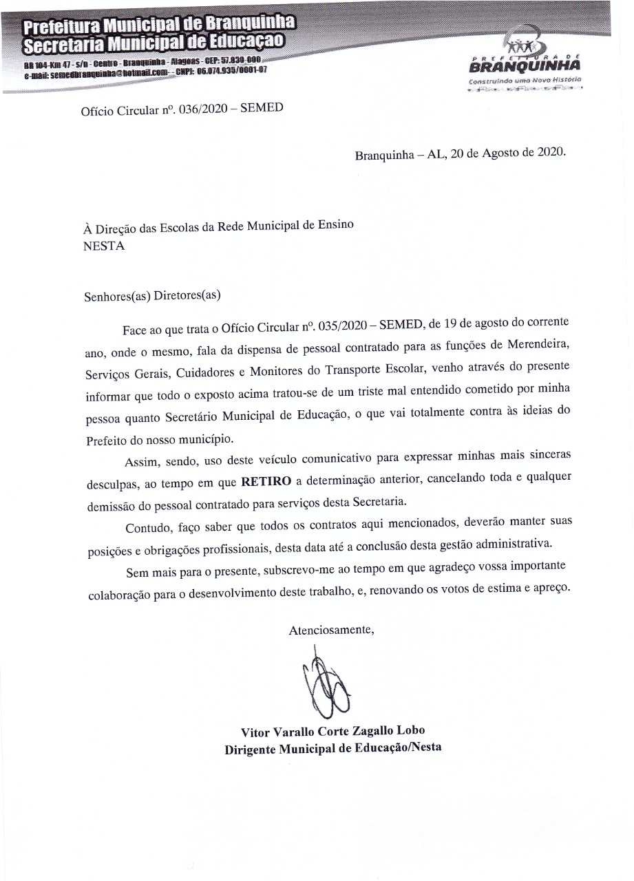 Ofício divulgado nesta quinta-feira (20/08) — © Reprodução 