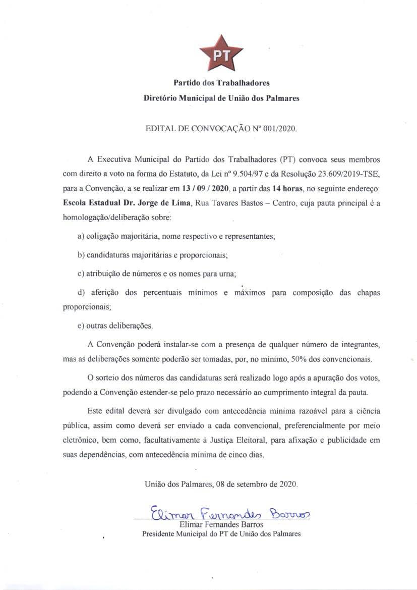 Edital de convenção do PT