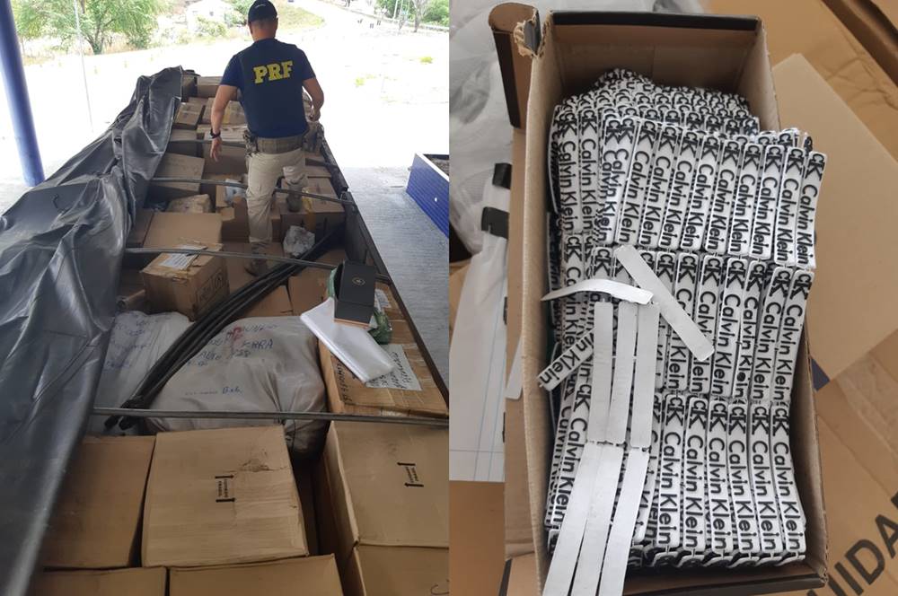 Carreta é apreendida com quase 4 mil pares de tênis e 20 mil etiquetas falsificadas — © PRF