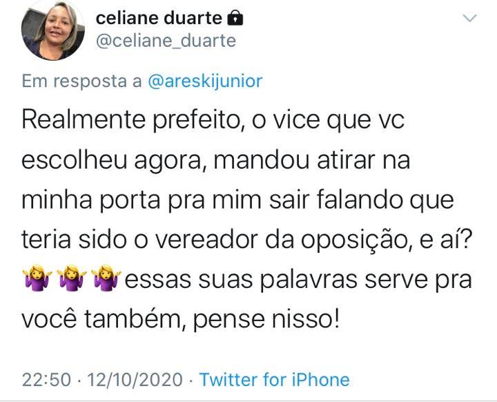 Post de Celiane Duarte em resposta a Areski Freitas