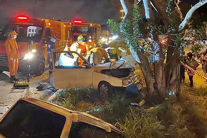 Motorista cochila ao volante e bate carro em árvore na BR-104; veja vídeo