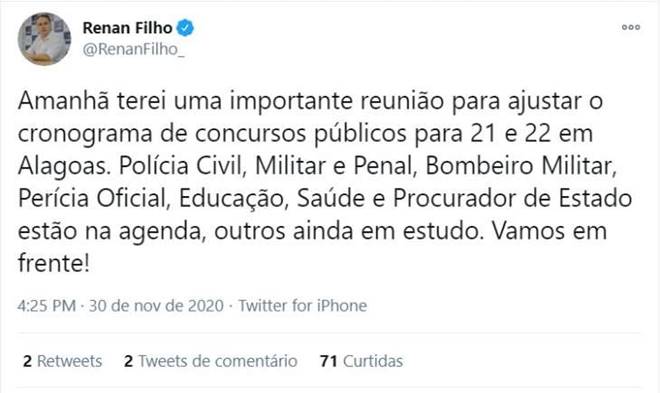 Governador promete concursos Alagoas — © Reprodução/Twitter