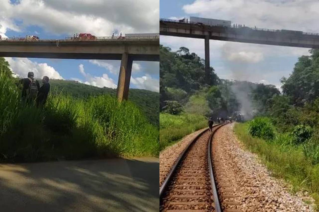À esquerda, foto do acidente de agora, com duas vítimas. À direita, foto do acidente com ônibus — © Redes sociais