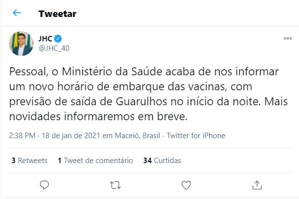 A informação sobre o atraso foi confirmada pelo prefeito de Maceió, JHC (PSB) — © Reprodução/Twitter