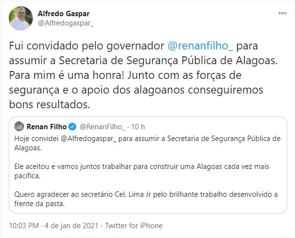 Alfredo Gaspar aceita convite de Renan para assumir Secretaria de Segurança — © Reprodução