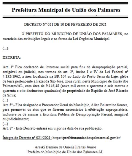 Areski Freitas decreta desapropriação de terreno em União dos Palmares — © Reprodução