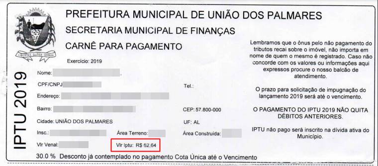 Carnê de pagamento do IPTU em União dos Palmares — © Reprodução