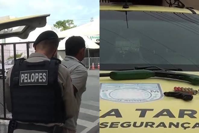 Um homem foi preso e várias armas apreendias durante operação da PM em Cajueiro — © Reprodução