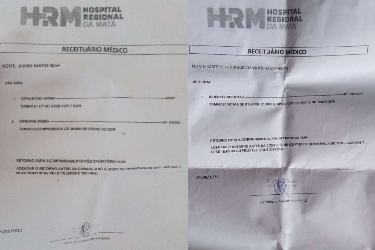 À esquerda, receita médica entregue ao pai da criança. À direita, documento correto — © Gustavo Lopes/BR104