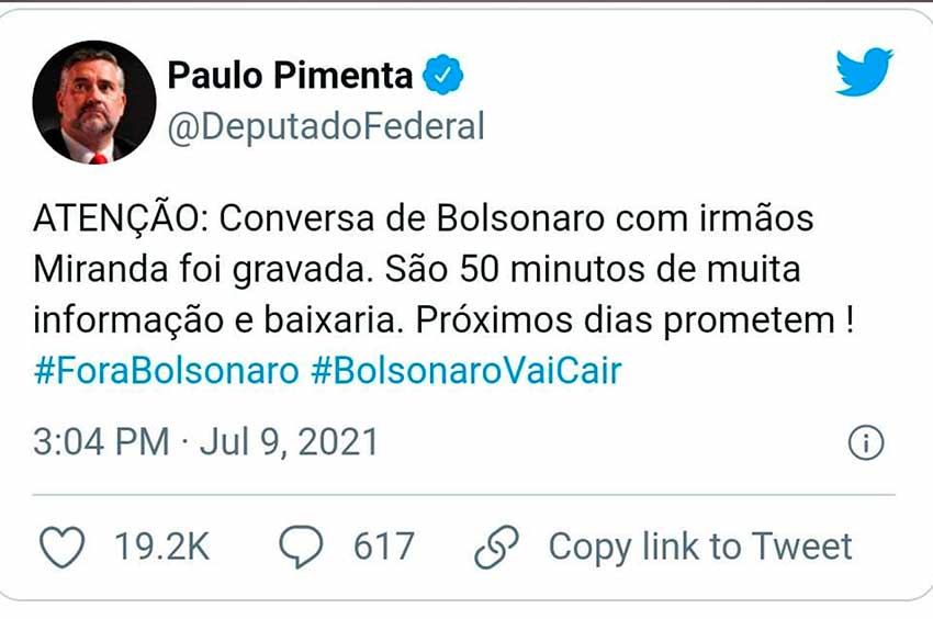 Post do deputado Pimenta sobre gravação de Miranda com Bolsonaro
