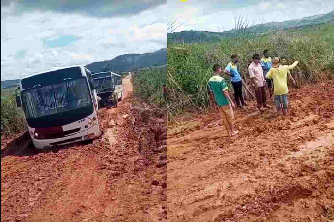Nesta segunda-feira (16), ônibus com estudantes atolou por conta da lama | © Reprodução