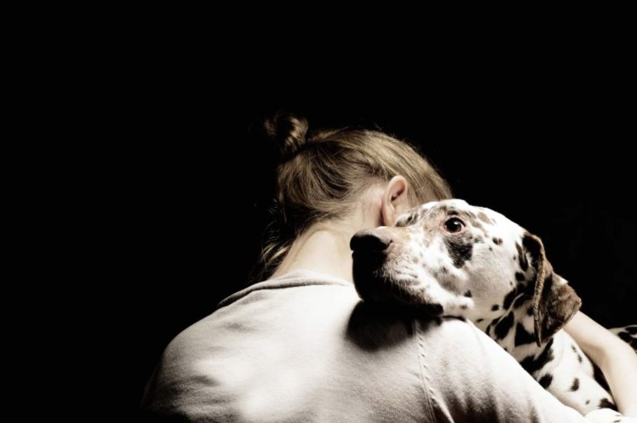 Imagem mostra mulher abraçando cachorro | © Ilustração