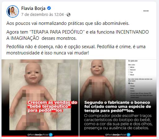Post da vereador sobre bebê terapêutico para pedófilos