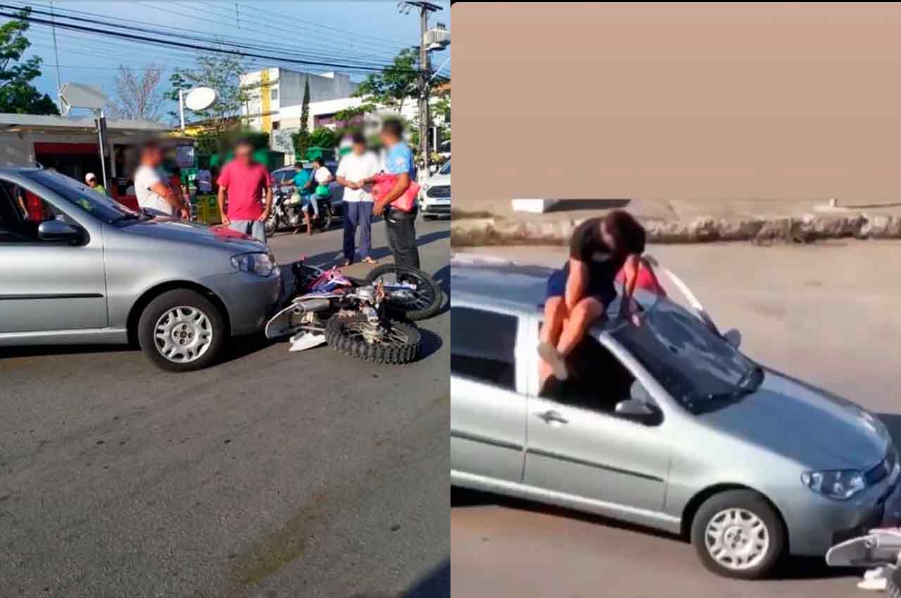 Motociclista foi parar no teto de carro após colisão no Centro de União dos Palmares | © Reprodução