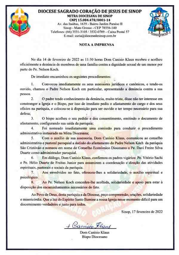 Nota da Diocese Sagrado Coração de Jesus | © Reprodução