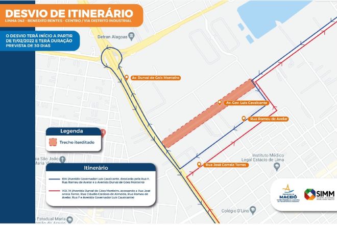 Ilustração com as mudanças que ocorrerão no itinerário da linha 042 – © Reprodução/Prefeitura de Maceió 