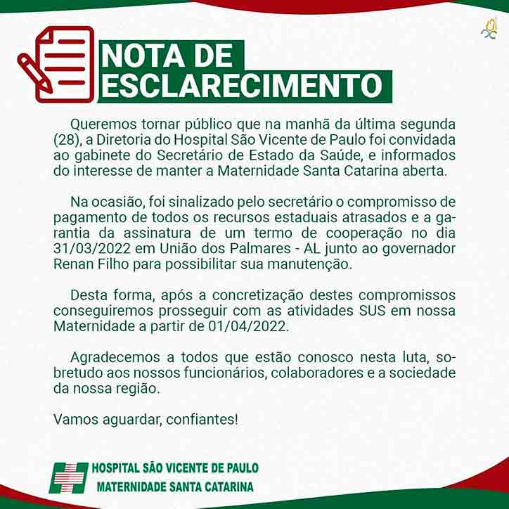 Nota do Hospital São Vicente de Paulo | © Divulgação