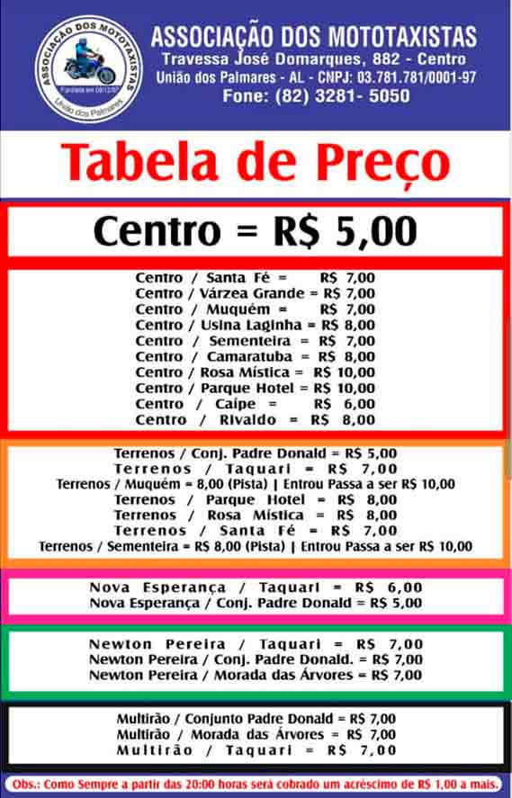 Nova tabela de preço dos mototaxistas de União dos Palmares | © Divulgação