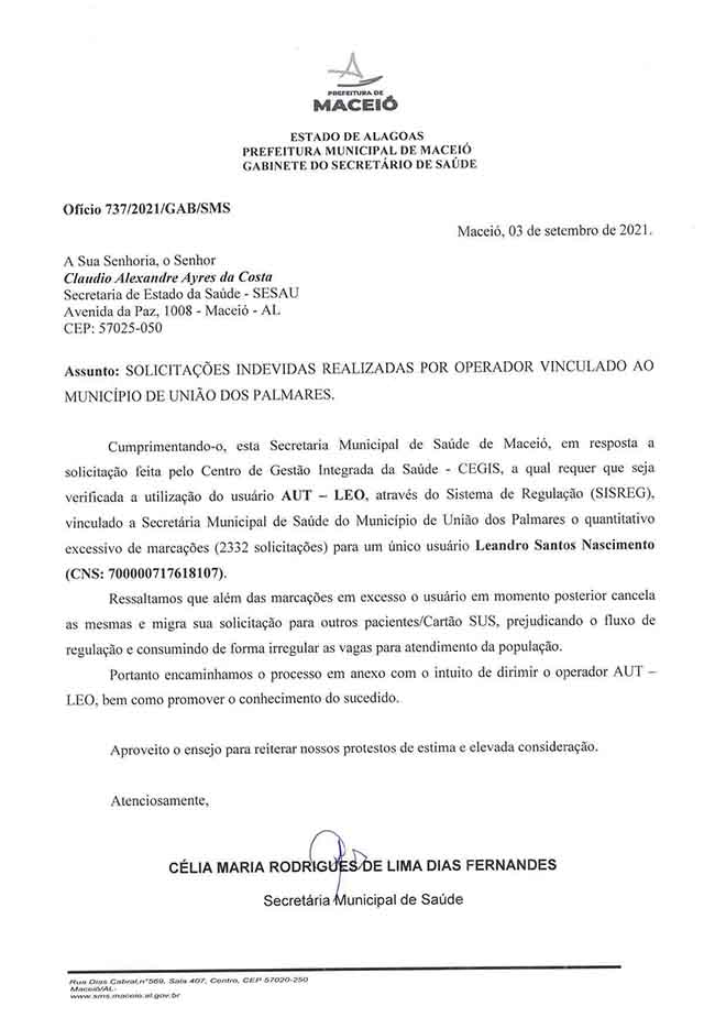 Cópia do oficio enviado à Secretaria Municipal de Saúde