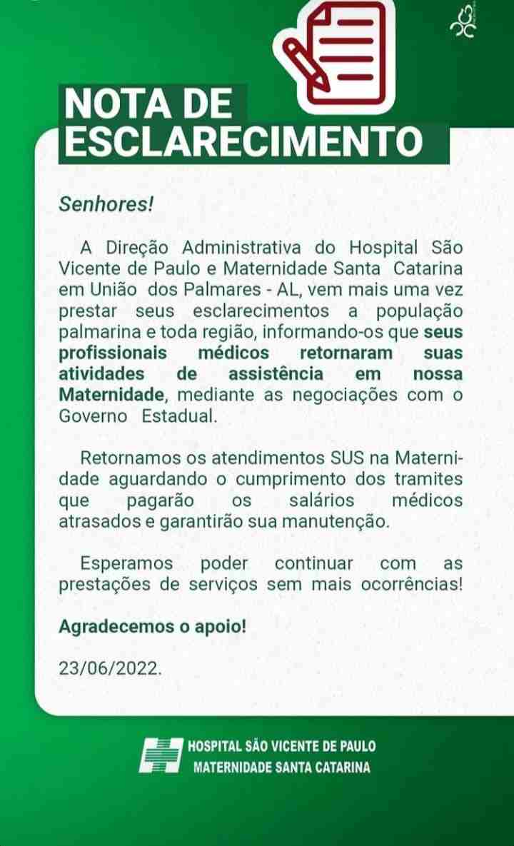 Nota do Hospital São Vicente de Paulo e Maternidade Santa Catarina | © Reprodução 