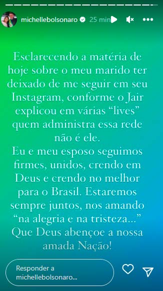 Stories de Michelle Bolsonaro | © Reprodução