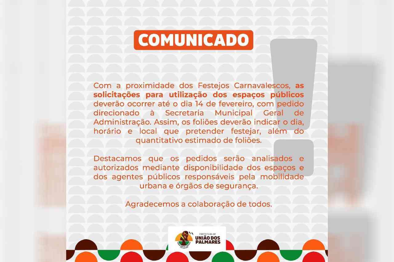 Comunicado da Prefeitura de União dos Palmares | © Reprodução/Instagram 
