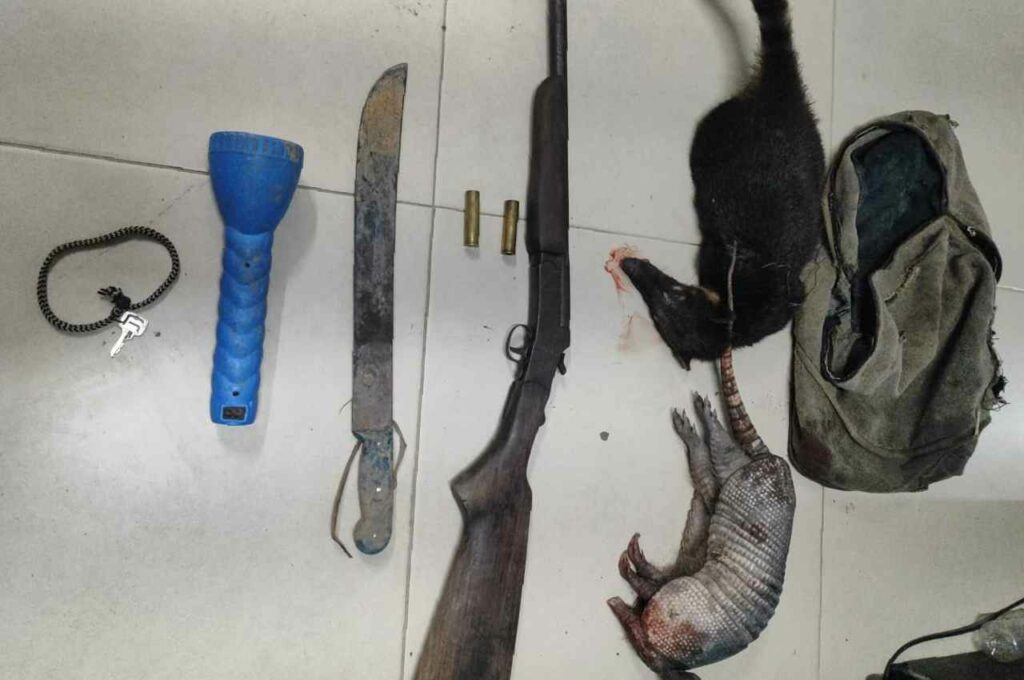 Homem é preso em flagrante com tatu e quati abatido, além de uma arma de fogo, em Branquinha