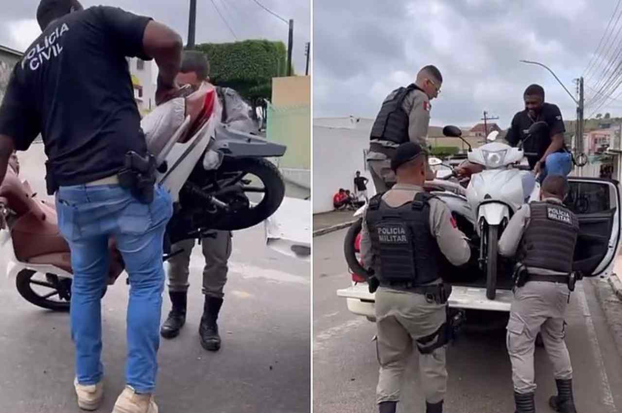 Policiais realizando a apreensão das motocicletas | © Reprodução 