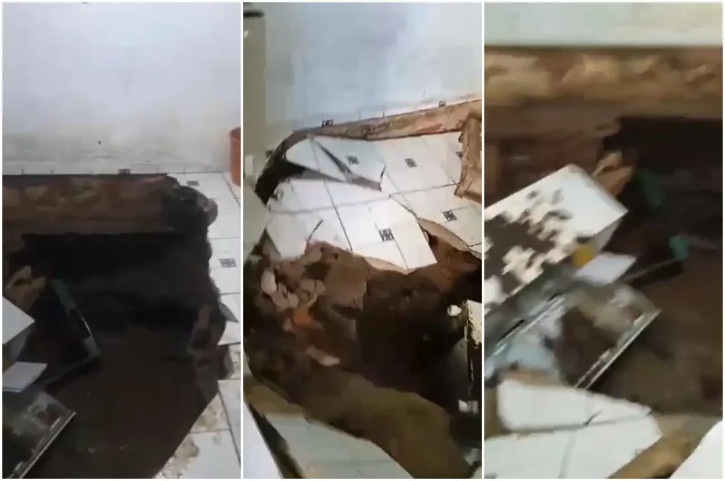 Cratera “engole” cozinha e idosa é arrastada por 200 metros em São José da Laje