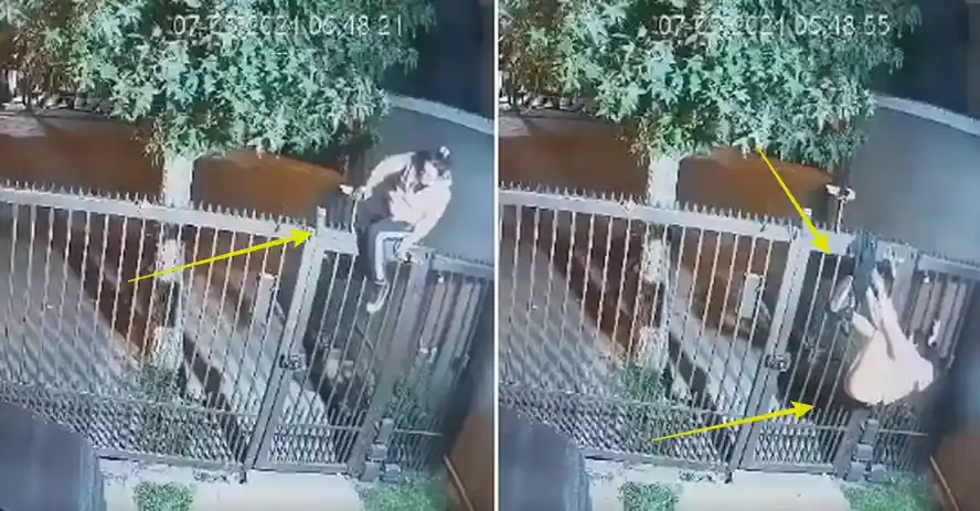 Mulher tenta pular portão para roubar e termina pendurada e seminua