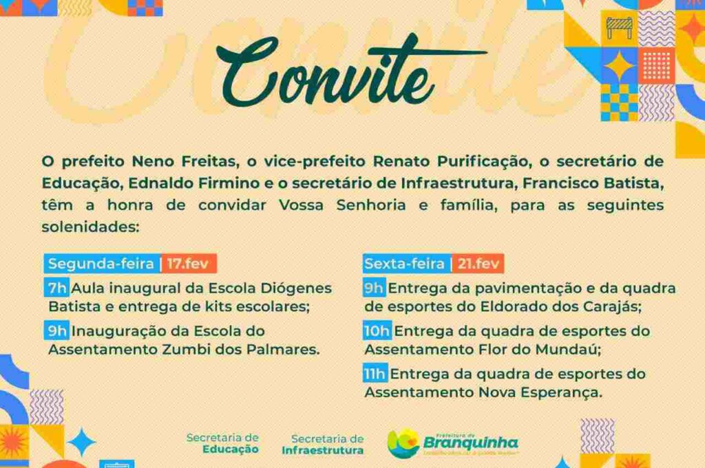 Prefeito Neno Freitas anuncia entrega de novas obras em Branquinha