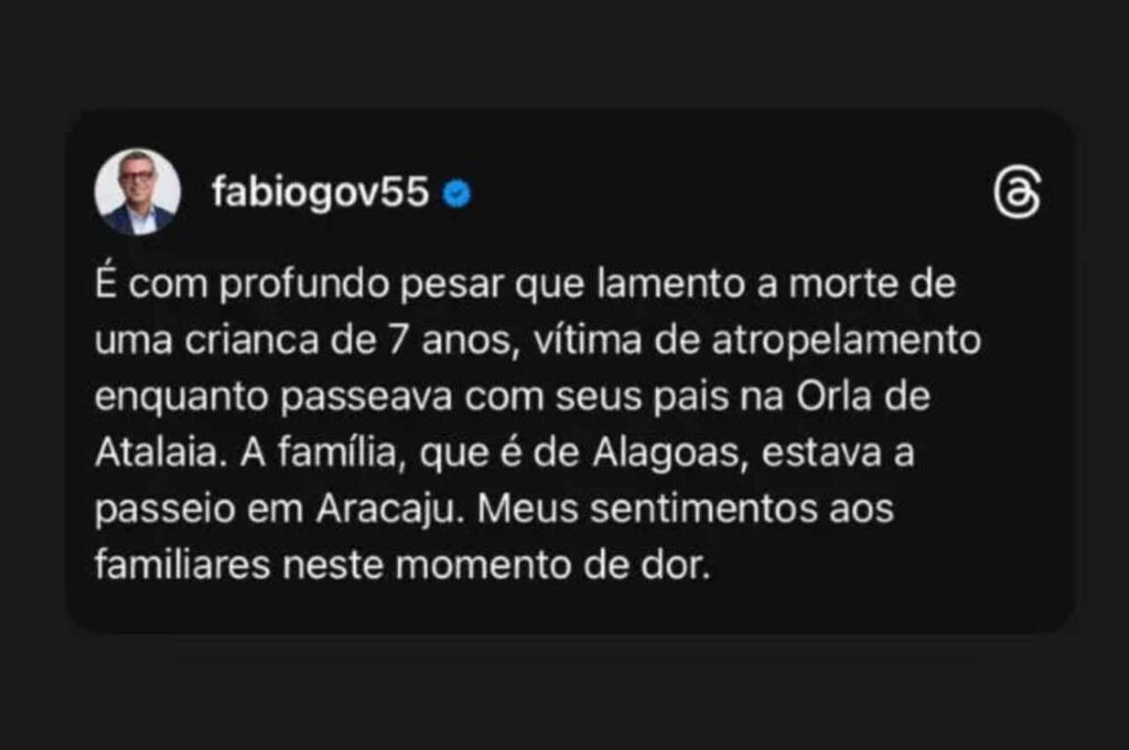 Prefeita e governador lamentam morte de criança alagoana atropelada em Aracaju
