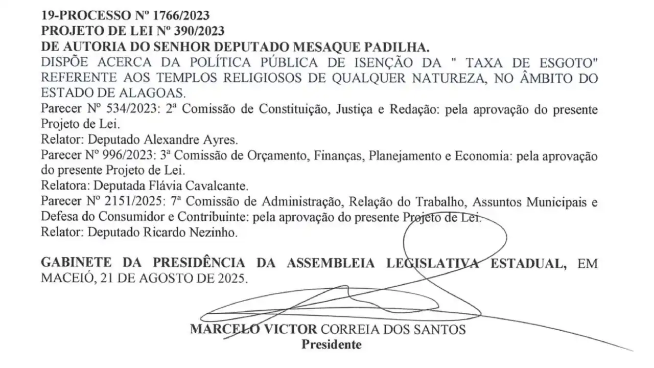proposta nº 390/2023 prevê a isenção da cobrança da taxa de esgoto para templos religiosos de qualquer natureza